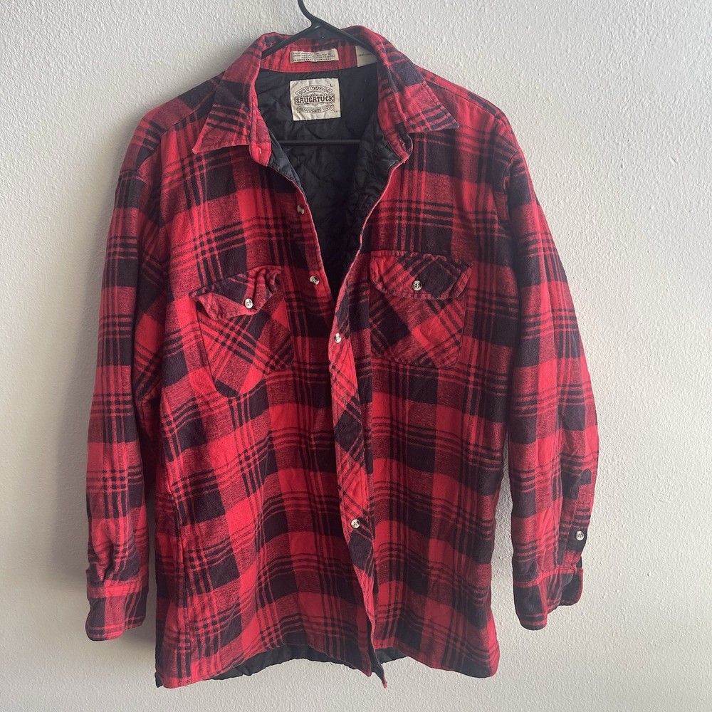 Mens L Quilted Lined Flannel Jacket Red Black Plaid Heavy Shirt Shacket