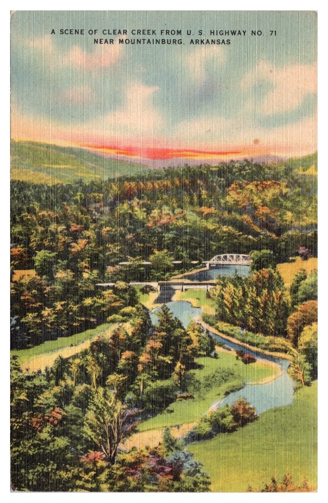 Clear Creek Mountainburg Arkansas 1948 Linen Postcard US Hwy 71 Scenic View