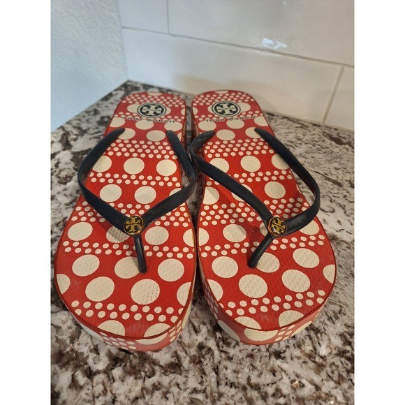 Tory Burch Women's Thandie Wedge Red Blue White Thong Flip Flop Sandals Size 10