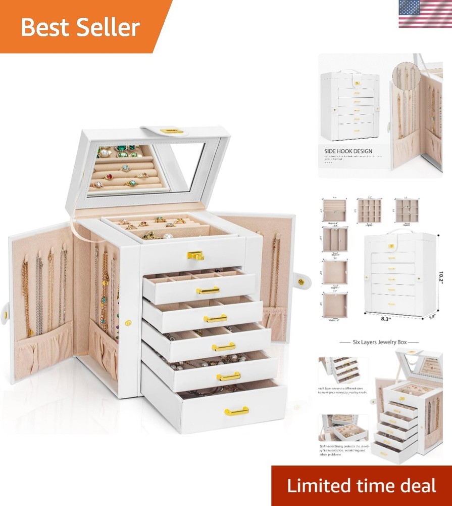 Functional 6-Tier Jewelry Box Organizer with 5 Drawers Leather Jewelry Storag...