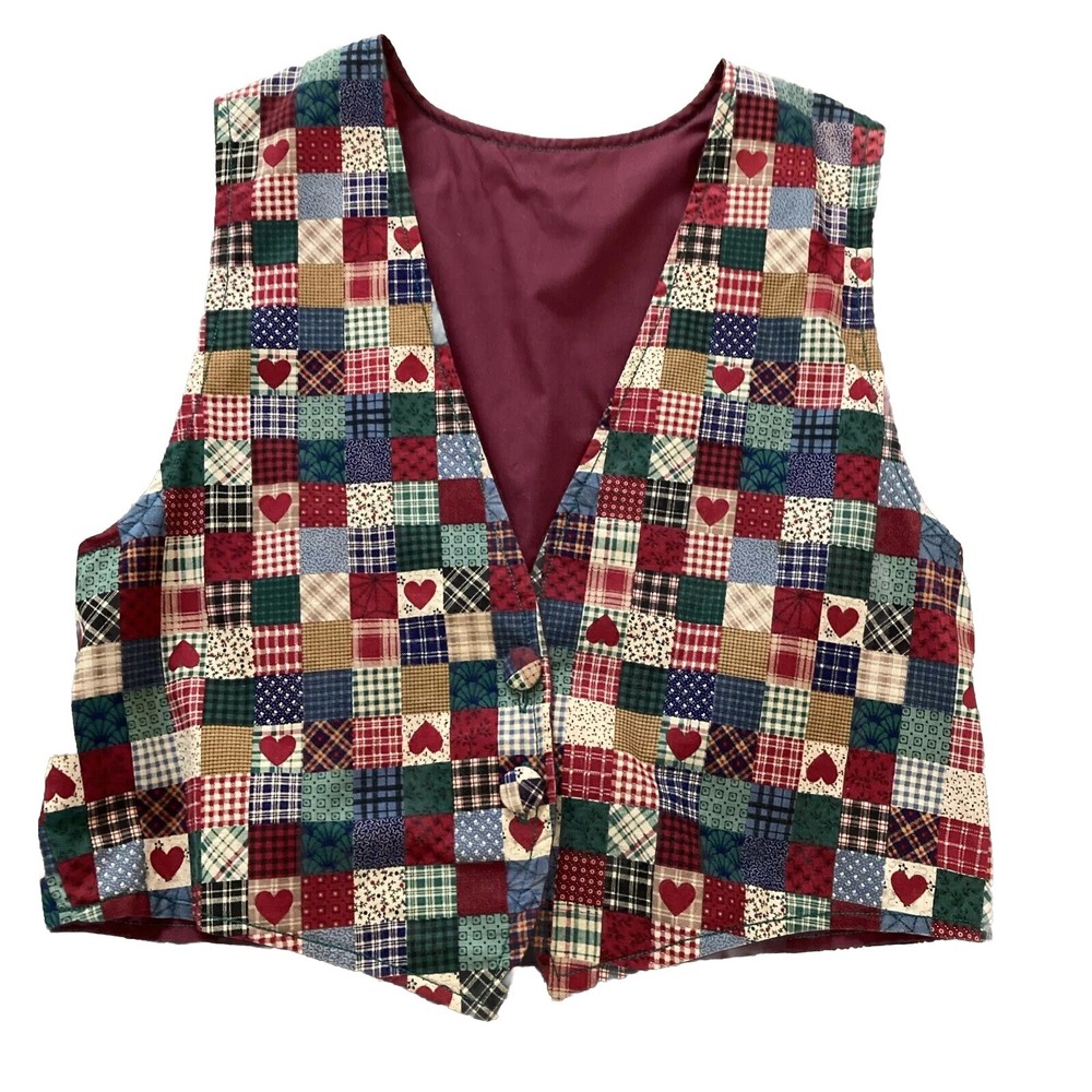 Women’s Handmade Vest Sz M To L VTG Patchwork Print Hearts Cottagecore Cute!