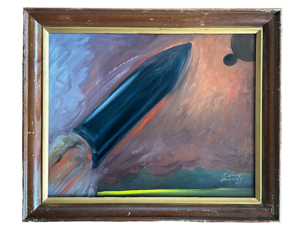 Original Retro Sci Fi Rocket Painting Space Art Framed Signed 1967