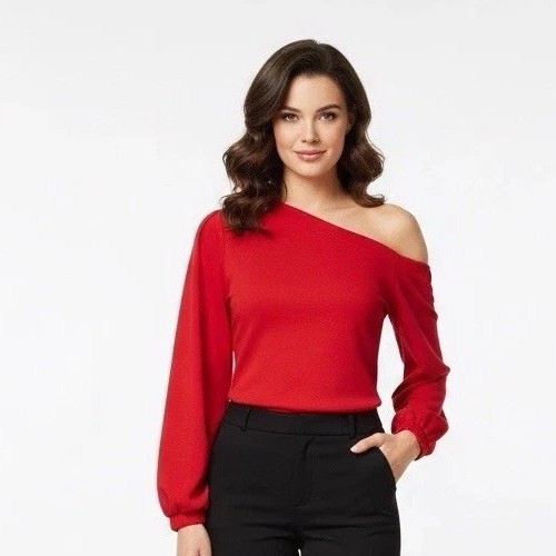Banana Republic Women's Blouse Size M Red One Shoulder Long Puff Sleeve