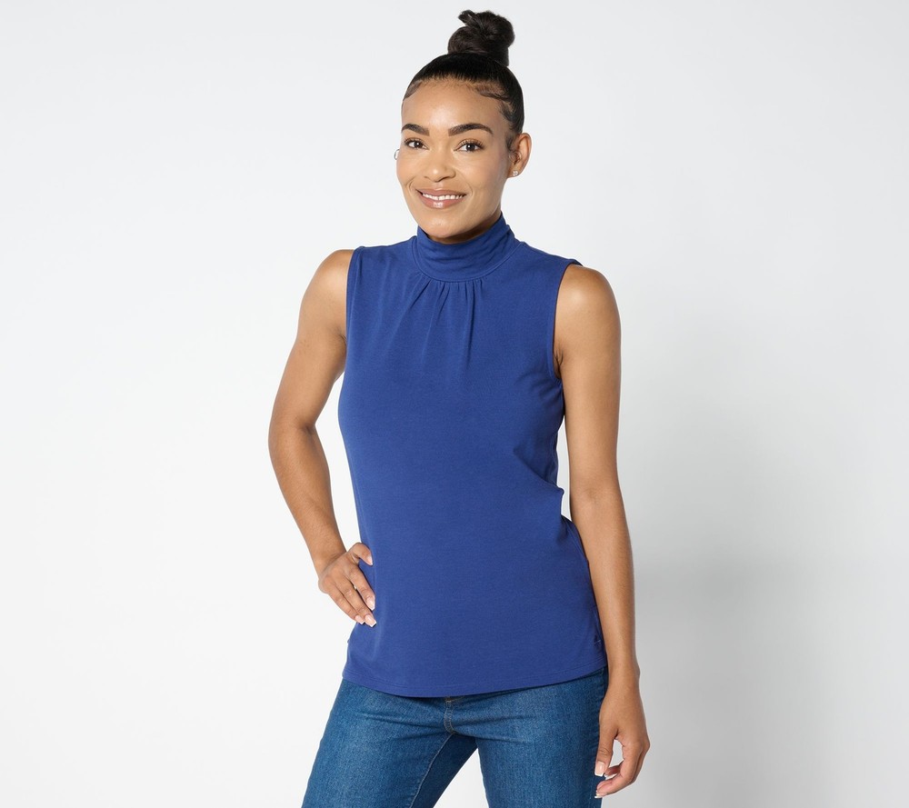 Isaac Mizrahi Live! Women's Top Sz L Essentials Mock Neck Sleeveless Blue