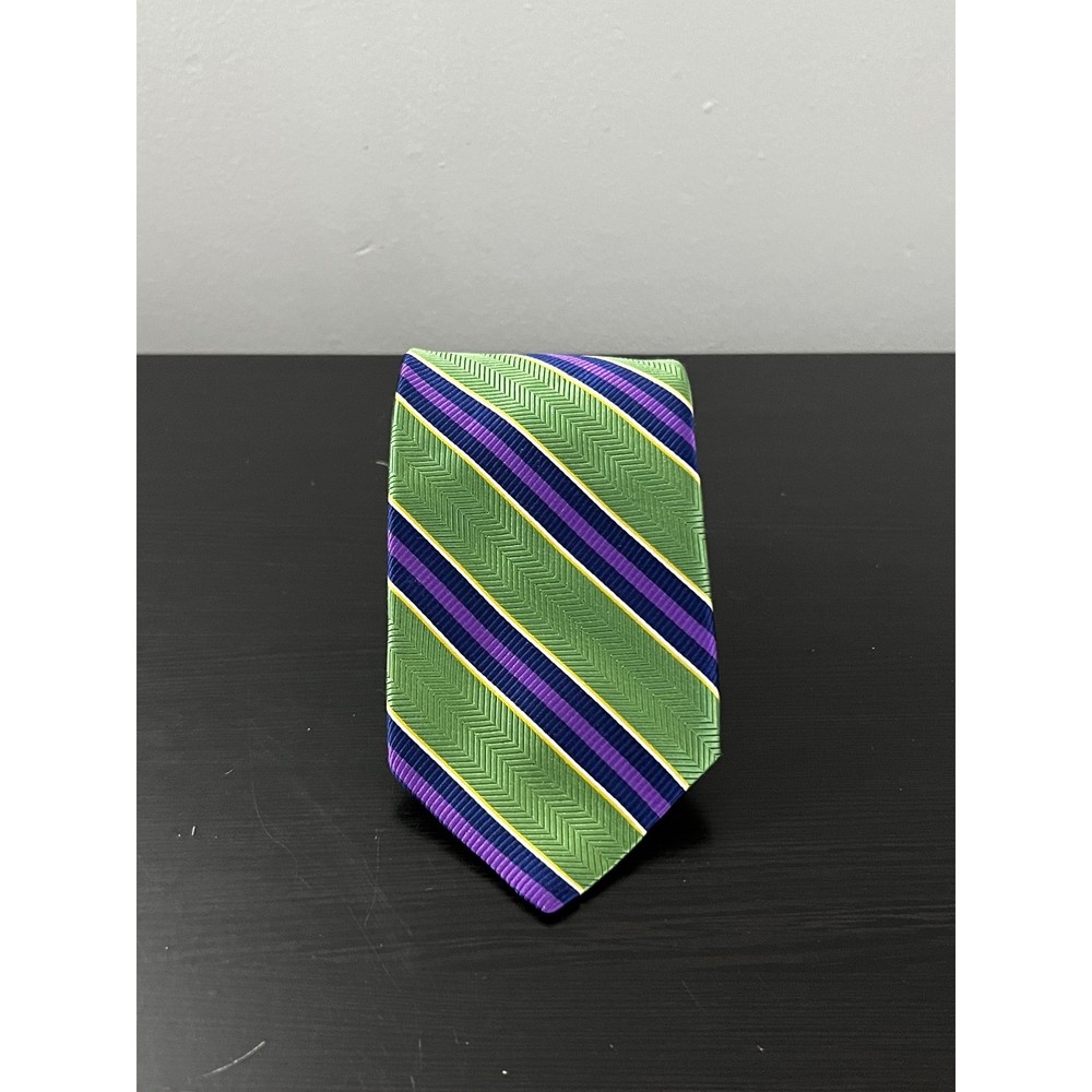 Robert Talbott Best of Class Silk Tie Green Purple Navy Striped Herringbone USA