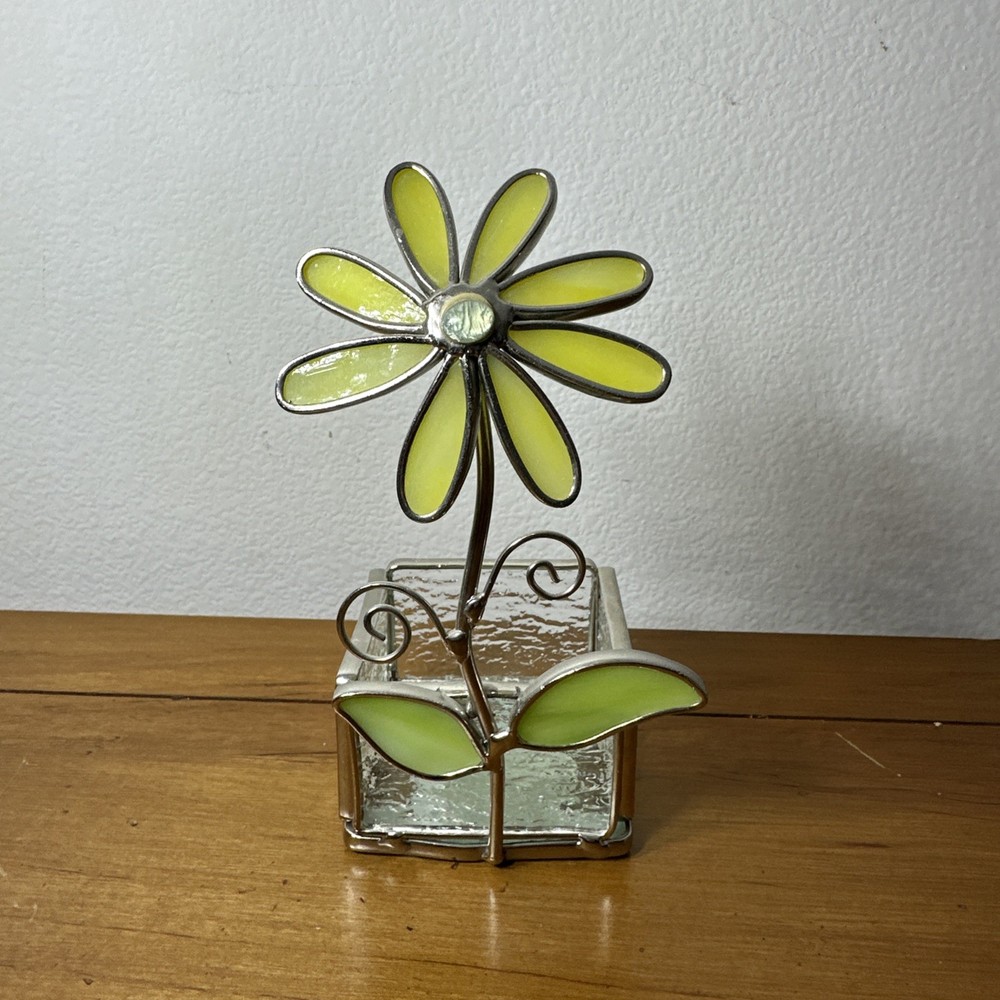 Vintage Yellow Flower Stained Glass Trinket Shelf Decor
