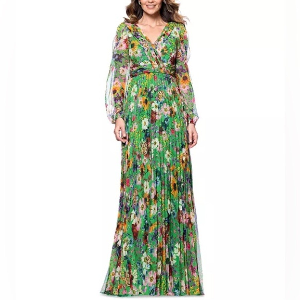 Betsy & Adam Petite Floral-Print Pleated Gown Green Women’s Sz 12P