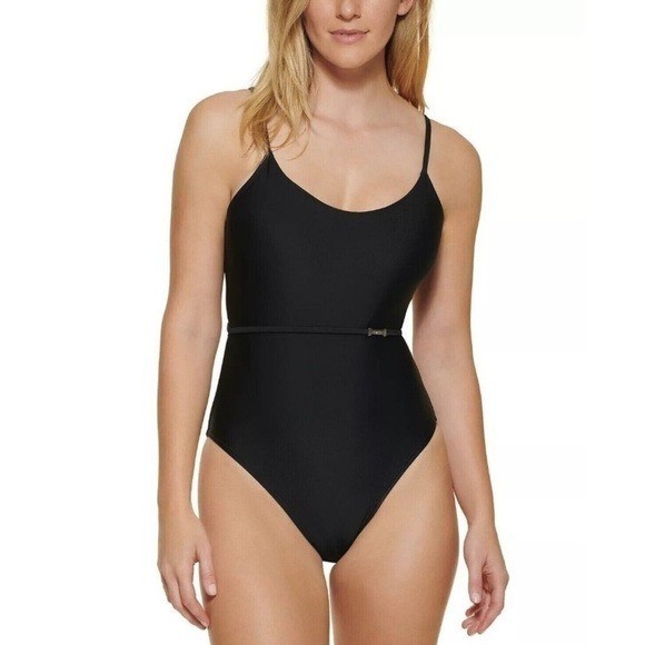 CALVIN KLEIN Over The-Shoulder Wrap Around 1pc Swimsuit swimwear black New 16