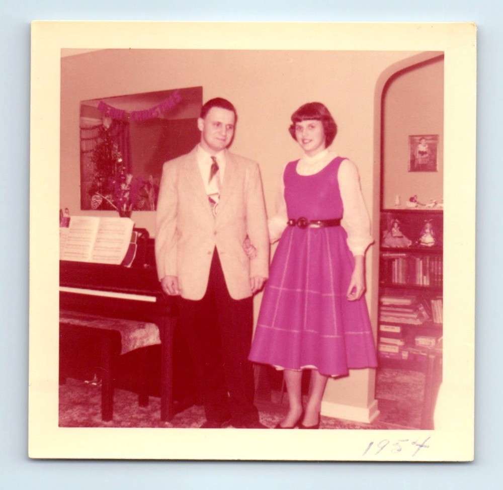 Old Vintage Square Color Photo MAN WOMAN IN LIVING ROOM BY PIANO SNAPSHOT