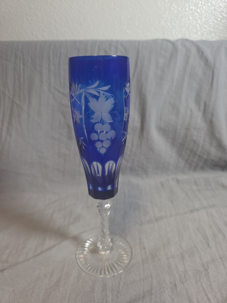 Nachtmann Traube Champagne Flute Cased Cobalt Blue Cut To Clear Crystal Bohemian