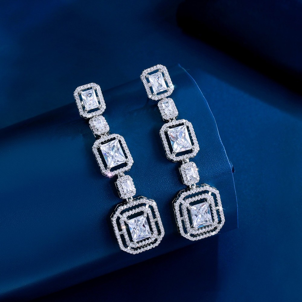 Elegant White Gold Plated CZ Baguette Dangle Wedding Earrings for Brides