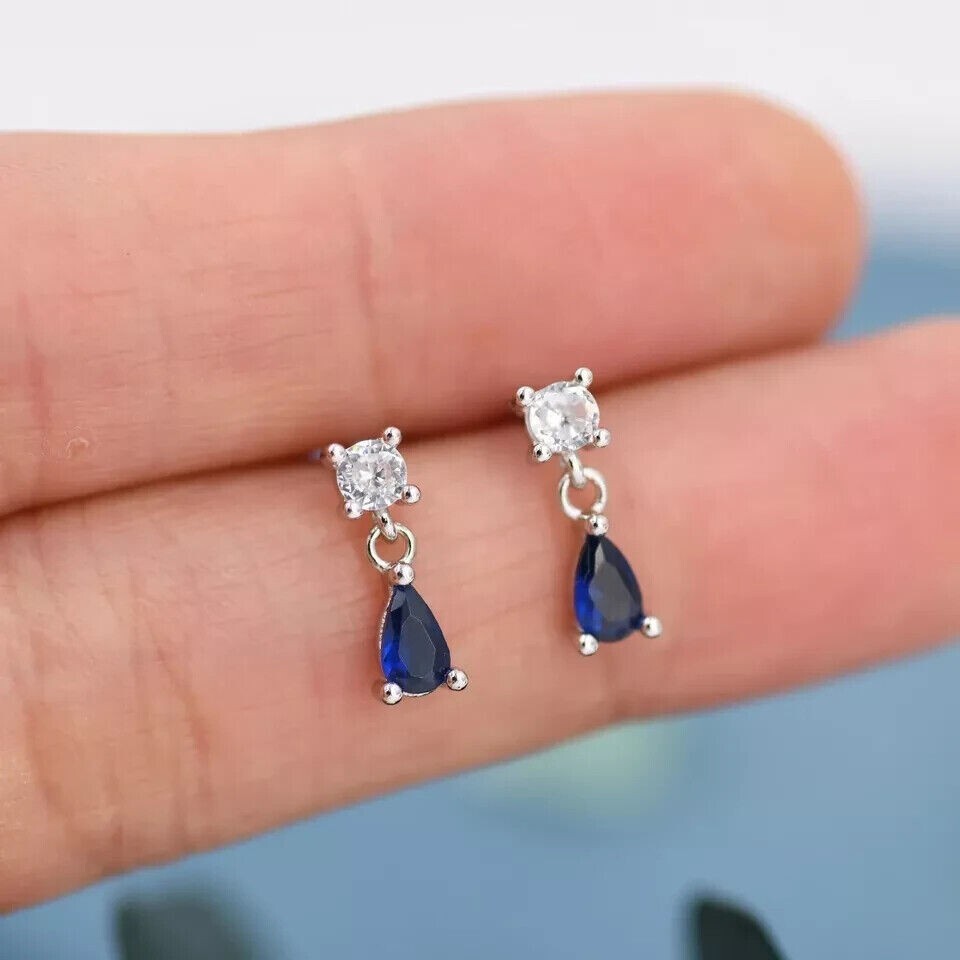 Elegant 14K White Gold Plated 2Ct Pear Cut Simulated Blue Sapphire Drop Earrings