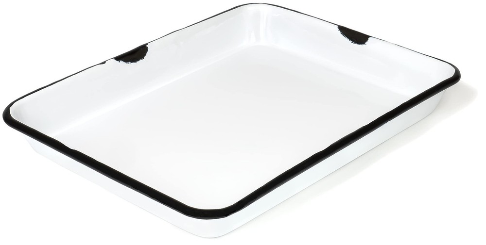 11x9 Distressed White and Black 2 Quart Rectangular Enamel Metal Serving Tray
