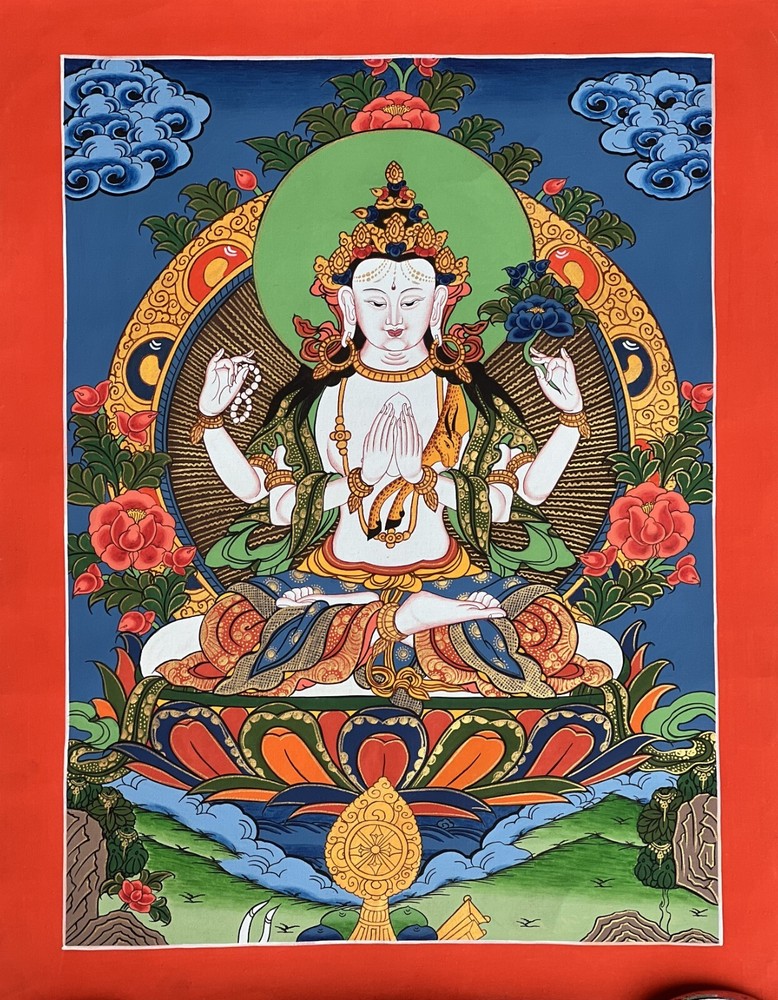 ORIGINAL HAND-PAINTED AVALOKITESHVARA CHENREZIG TIBETAN THANGKA/THANKA PAINTING