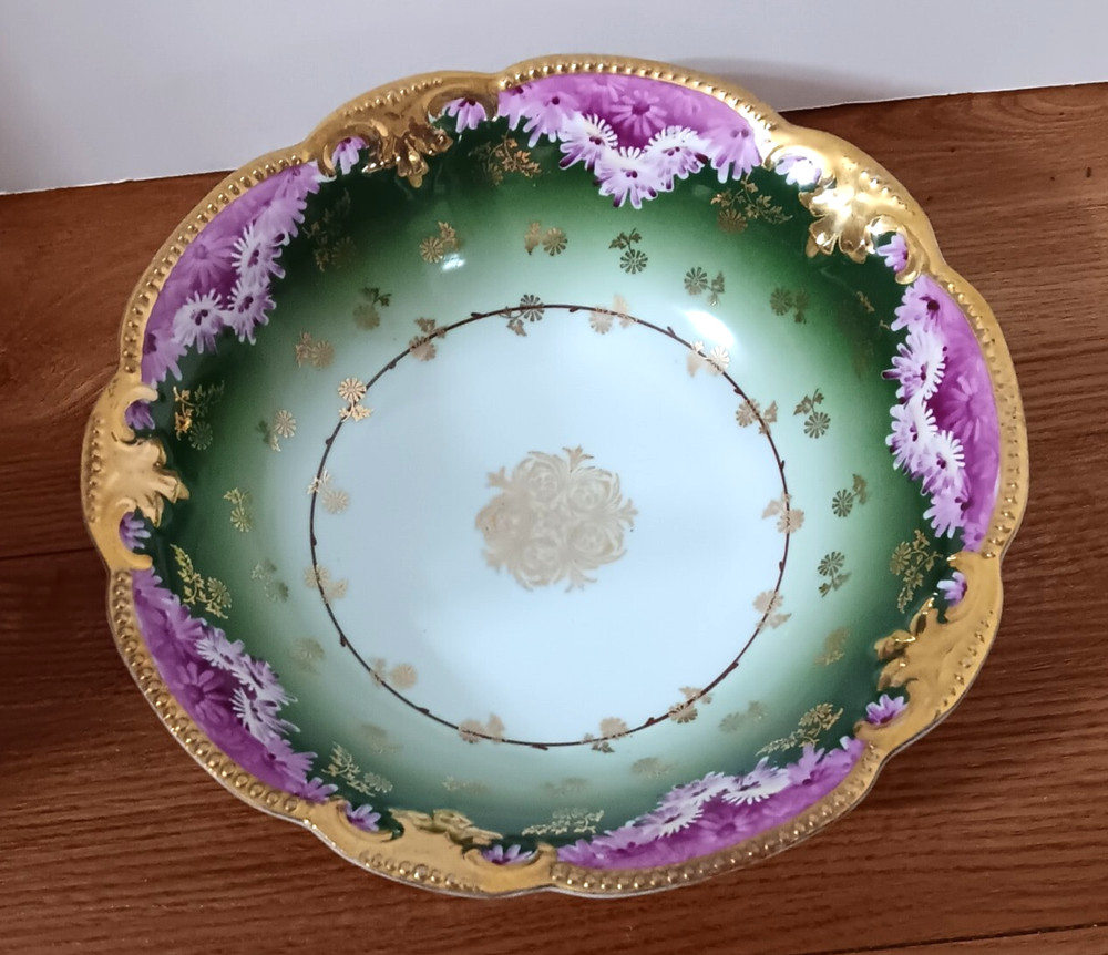 Antique Porcelain Bavarian Bowl by Rudolf Wachter Green and Rose with Gold Trim