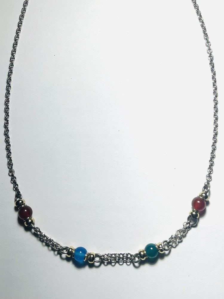 VTG 1980’s Italy 925 Sterling Silver Station Necklace Multicolor Glass Beads