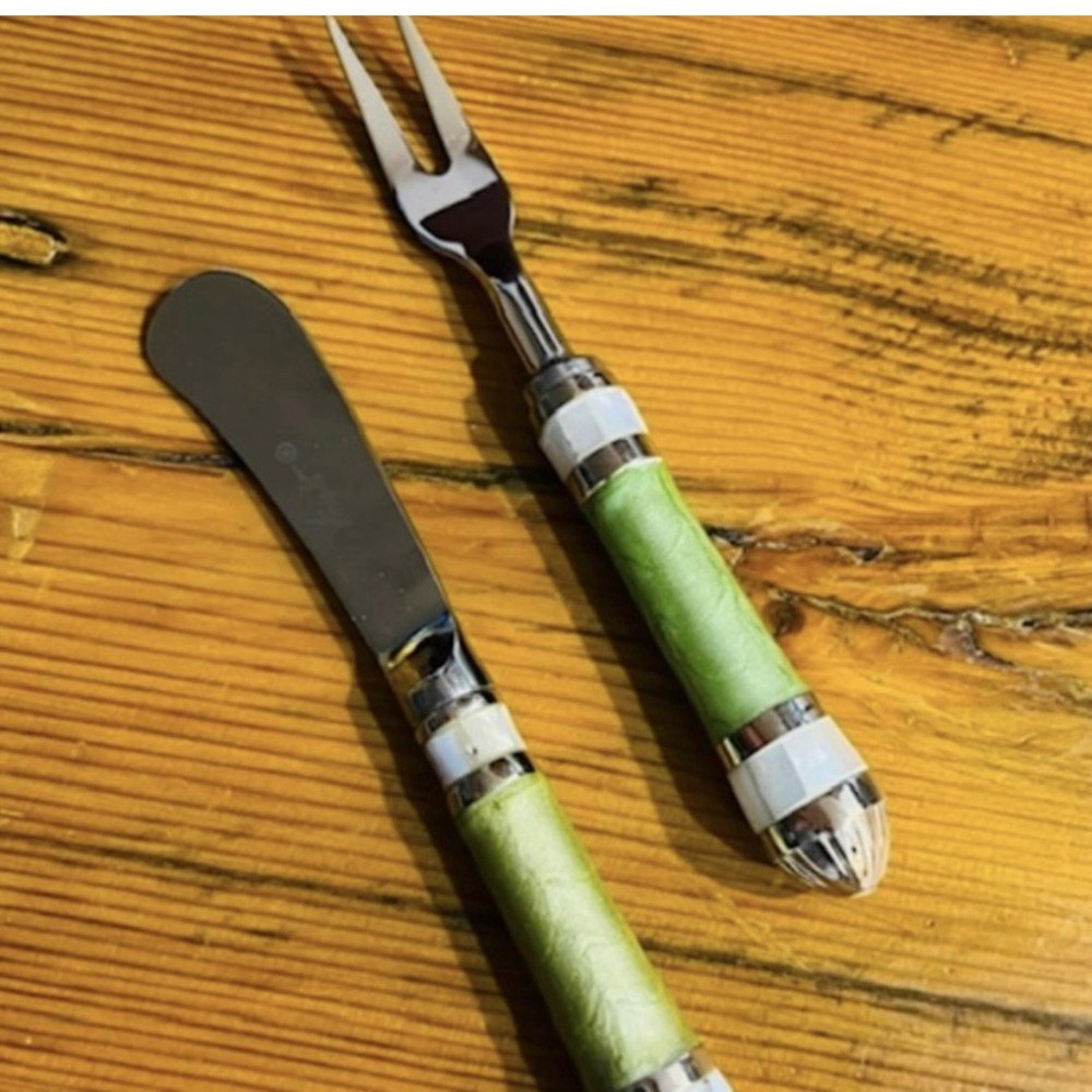 Cheese Knife & Fork Set, 2-Piece Stainless Steel, Green Handles, 8 in
