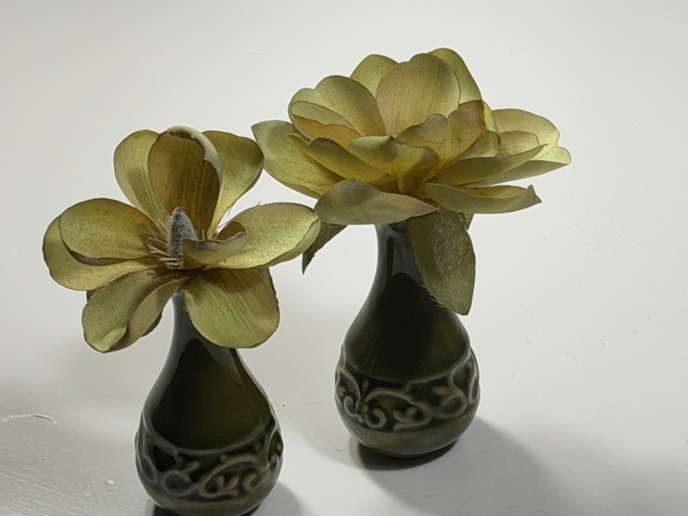Vintage Olive Green Art Pottery Bud Vases Set Embossed Scroll Design Mid Century