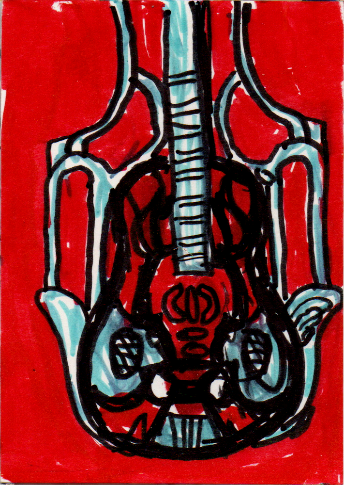 Guitar drawing ACEO original PAINTING miniature outsider art comic art