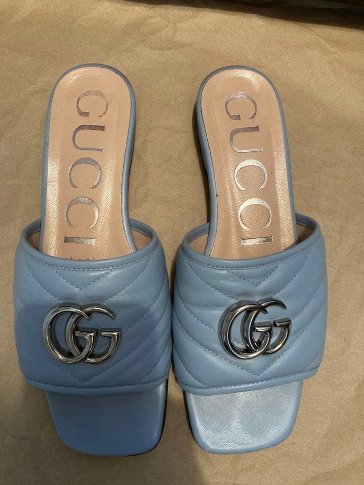 Rare GUCCI Blue GG Logo Slide Sandals Quilted Women's Size 36 US 6 Pre-owned
