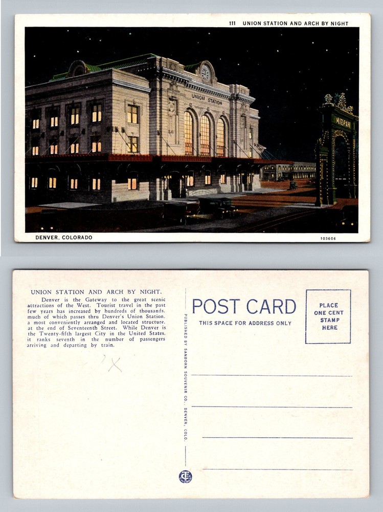 Denver, CO-Colorado, Union Station & Arch Illuminated At Night Vintage Postcard