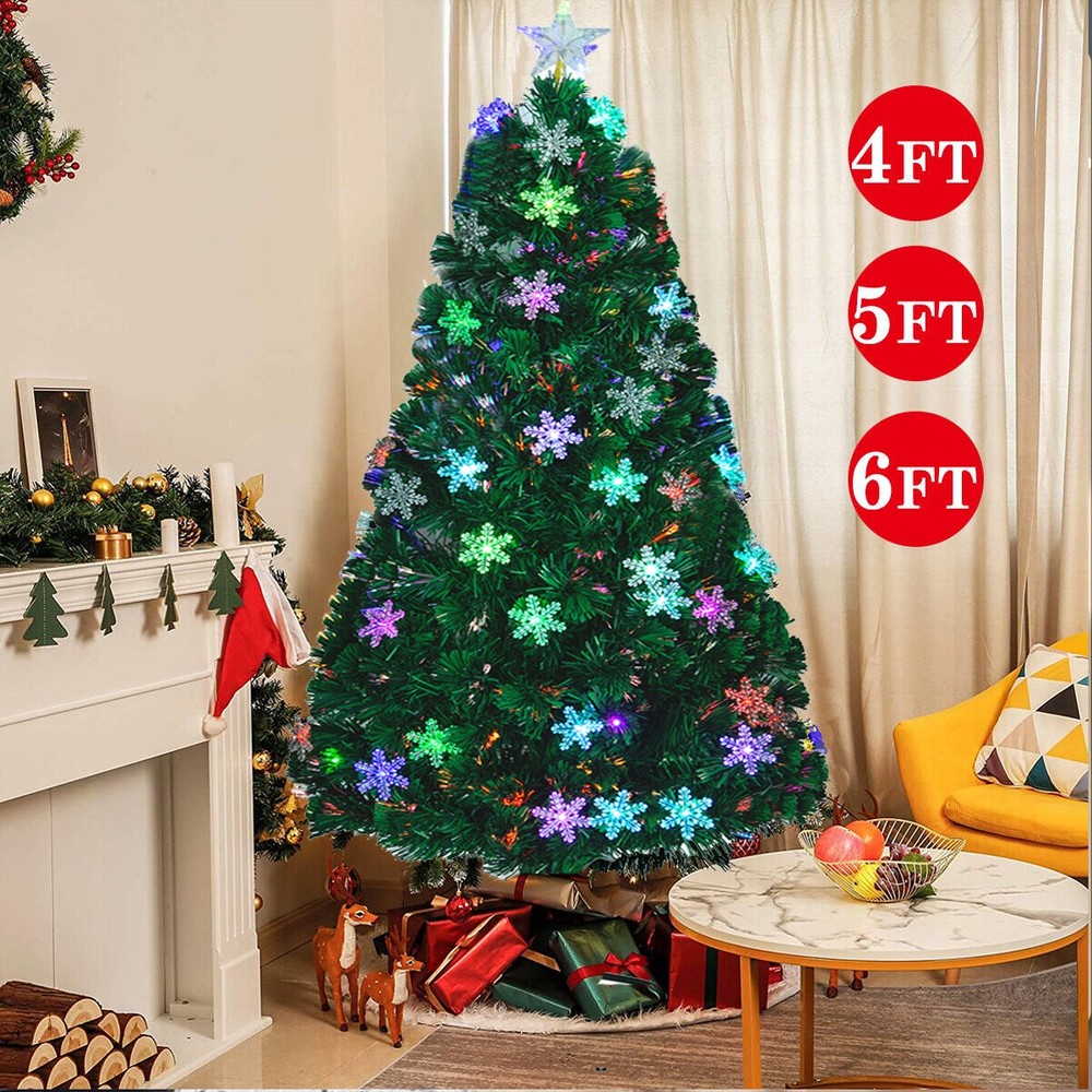 4-7ft Pre-Lit Fiber Optic Christmas Tree with 100 LED Snowflakes and Star