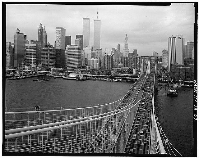 42. View from top of Brooklyn tower looking NW showing main cables and