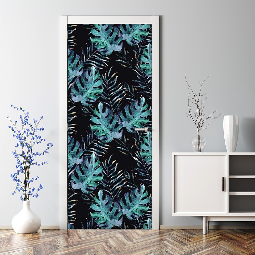Removable Door sticker Watercolour dark leaves Tropic Adhesive self adhesive art