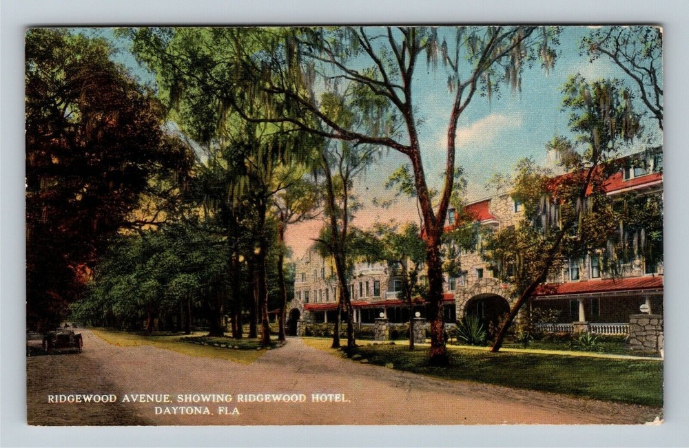 Daytona FL-Florida, Ridgewood Hotel, Period Car, Antique Vintage Postcard