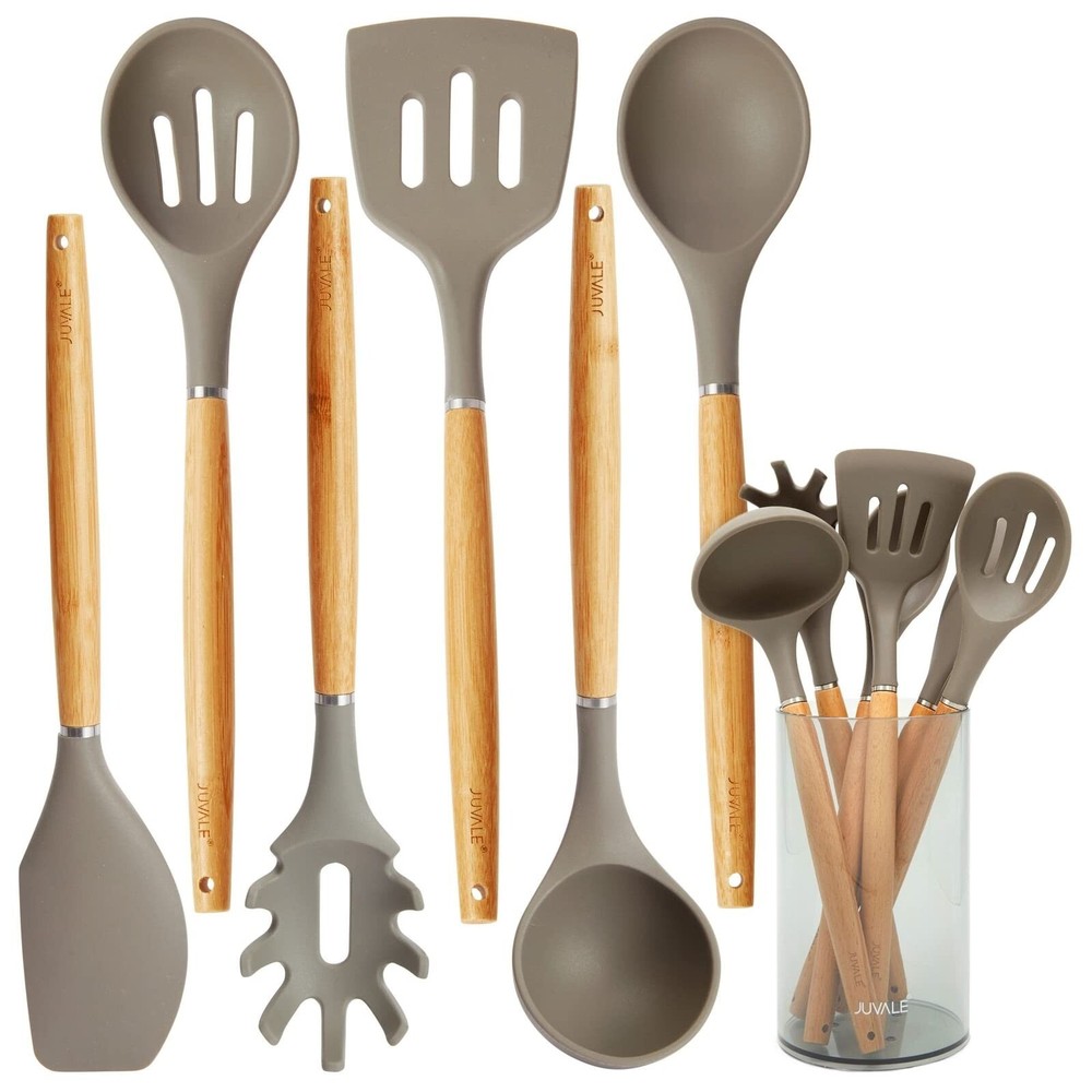 Juvale 7-Piece Silicone and Bamboo Kitchen Utensils Set with Holder for Cooki...