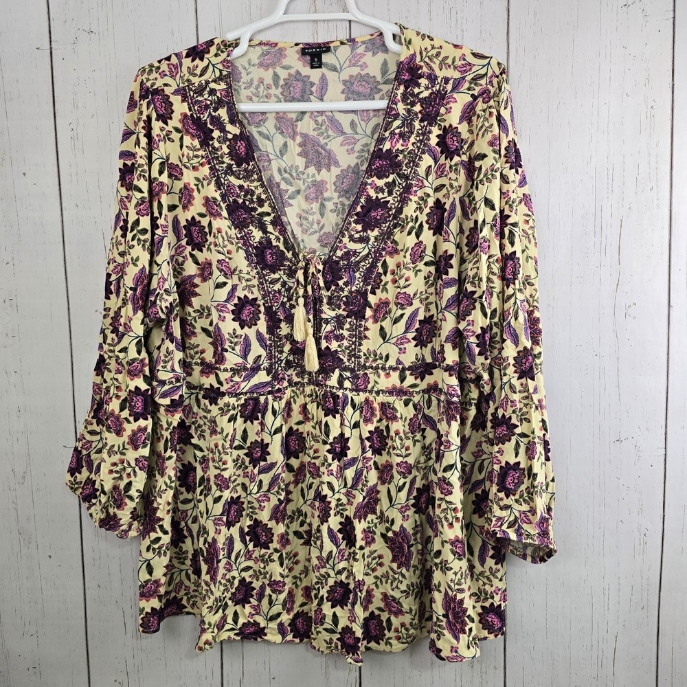 Torrid Womens Floral Tunic Blouse 5X Tassels Boho Cottagecore Fairy BabyDoll