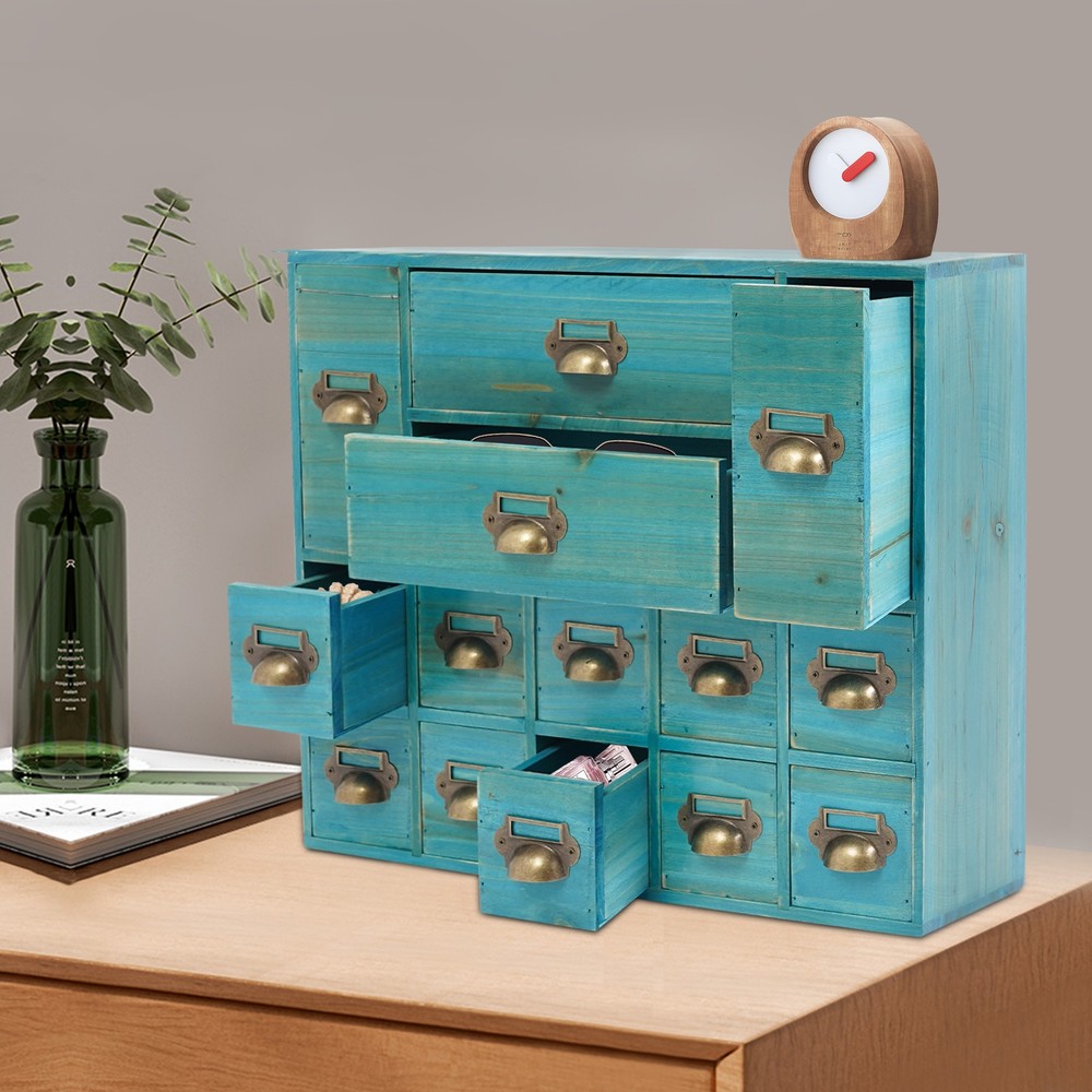 Vintage Wooden Apothecary Cabinet with 14 Drawers and Label Holders