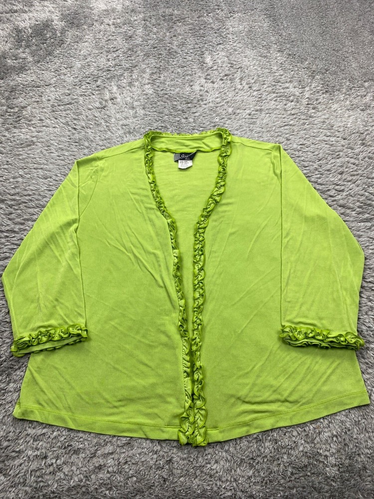 Slinky Brand Top Women 1X Lime Green Ruffle Trim Kimono 3/4 Sleeve Open Cardigan