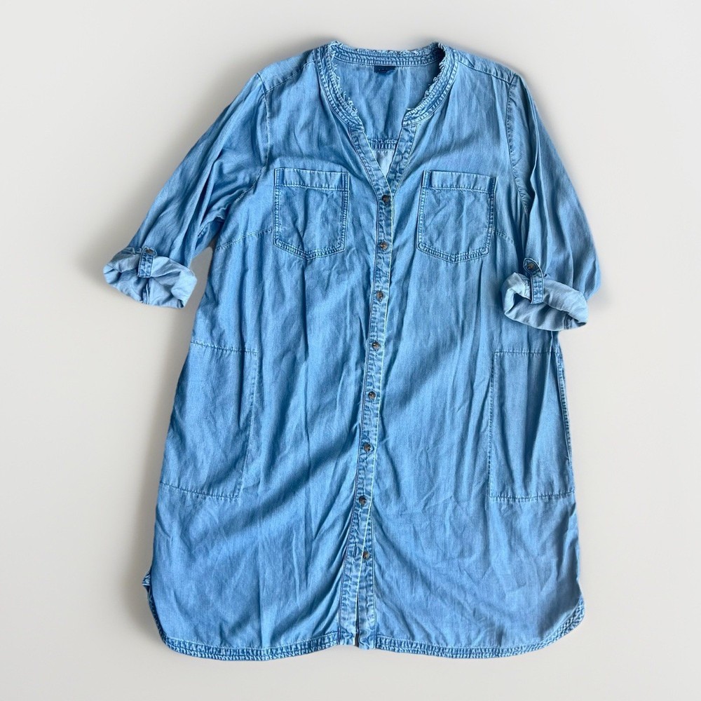 J Jill Denim Tunic Dress 2x Blue Long Sleeve Roll Tab Tercel Lyocell Chambray