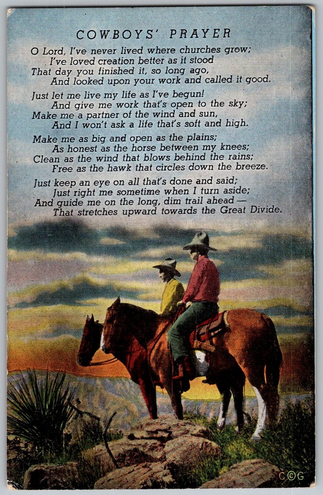 Vtg Linen Postcard Cowboys Prayer Poem 1940s