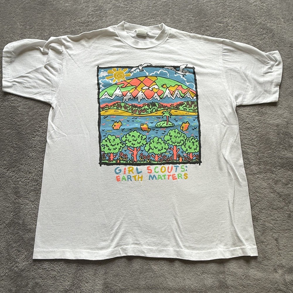 Vintage Girl Scouts T Shirt Large White Earth Matters Graphic Tee Made USA