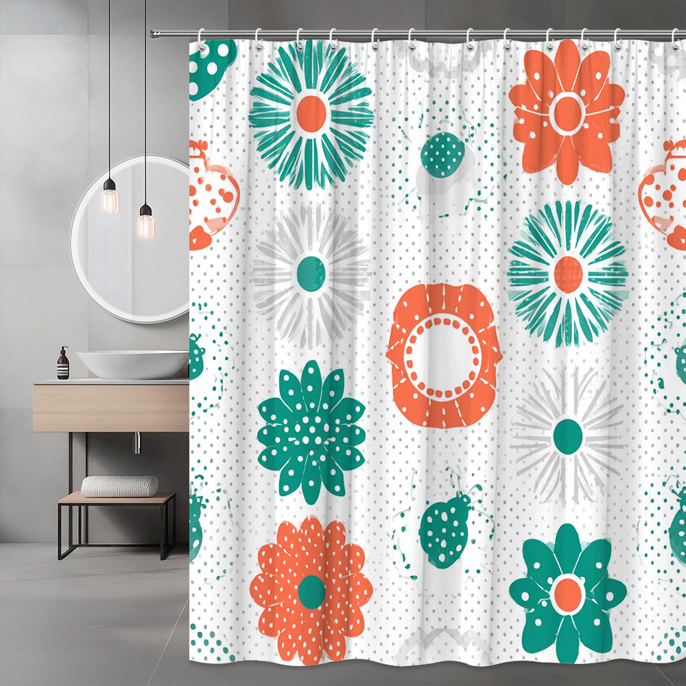 Floral Shower Curtain Teal Orange Gray Polka Dot Print