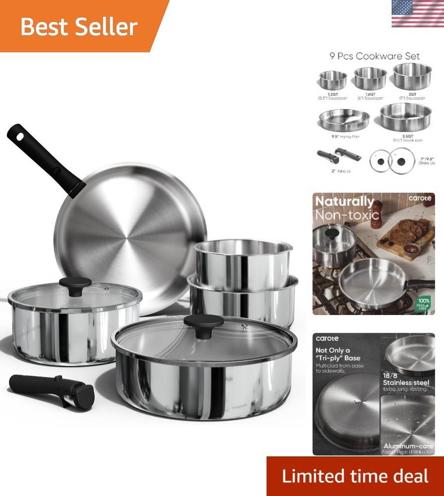 Elegant 9-Piece Stainless Steel Cookware Set with Removable Handles Dishwasher Safe