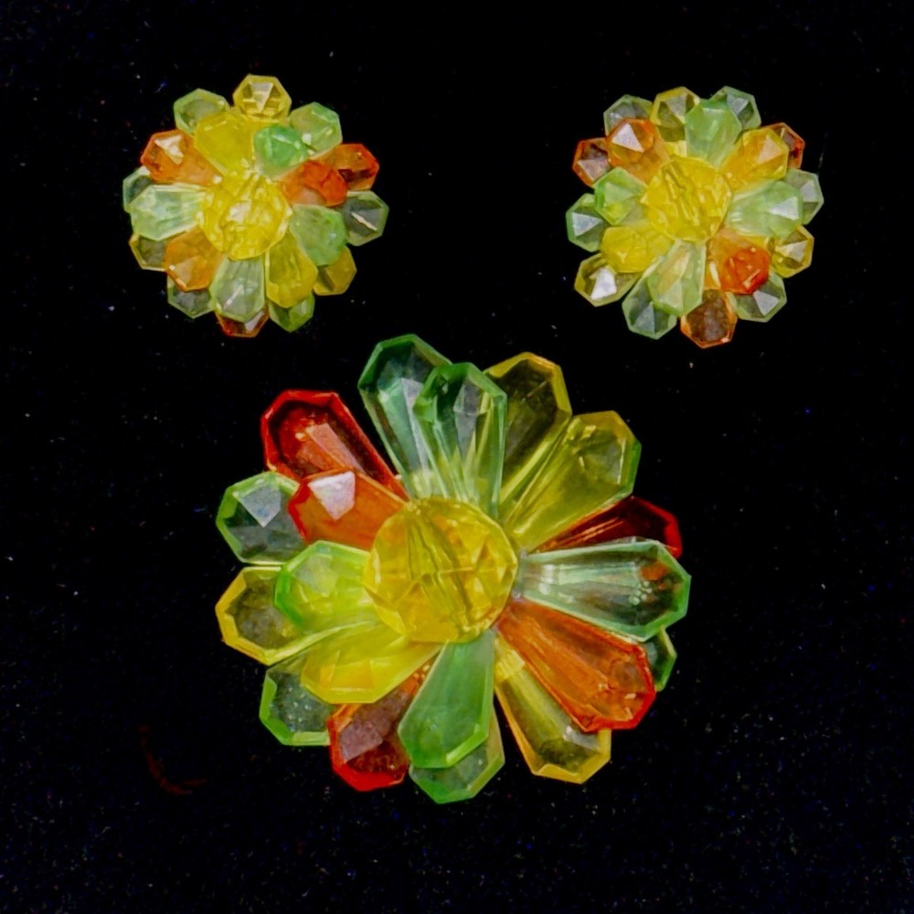 Vintage Fruit Salad Brooch & Clip-On Earrings Set Faceted Lucite Hong Kong