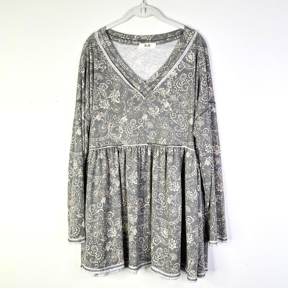 Jade by Jane Top Women 2X Gray Tunic Babydoll Lagenlook Cottage Stretch NWOT