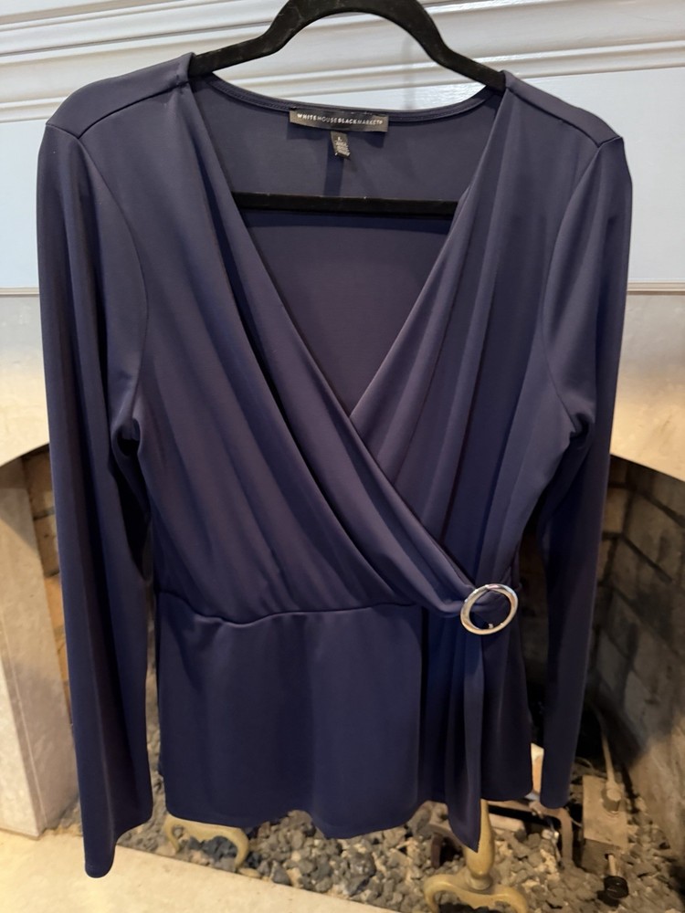 White House Black Market Faux Wrap Navy Long Sleeve Top Size Large