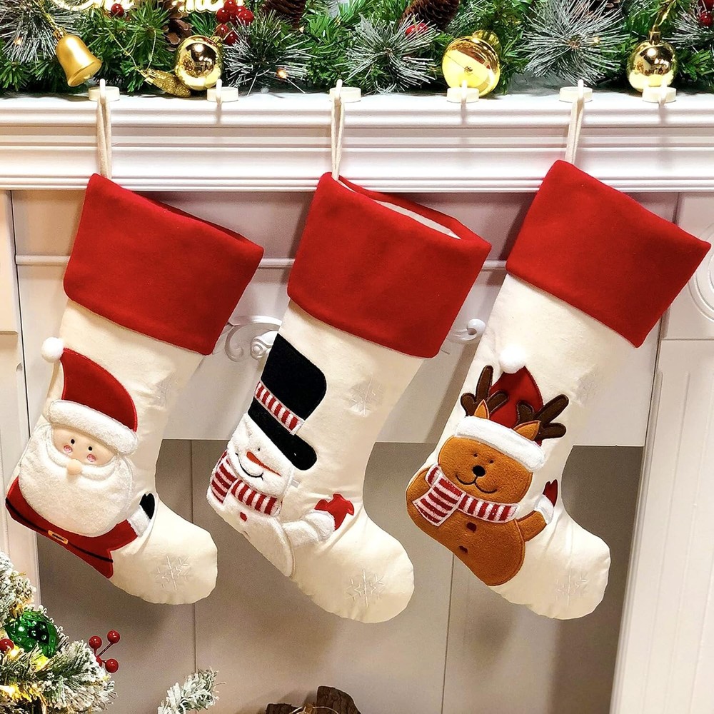 3Pcs Red Christmas Stockings Santa Snowman Reindeer 20