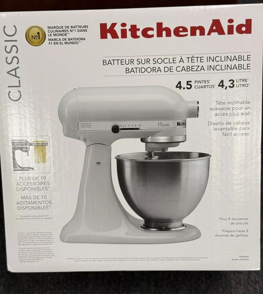 KitchenAid K45SSWH Classic Series 4.5 Quart Tilt-Head Stand Mixer - White New