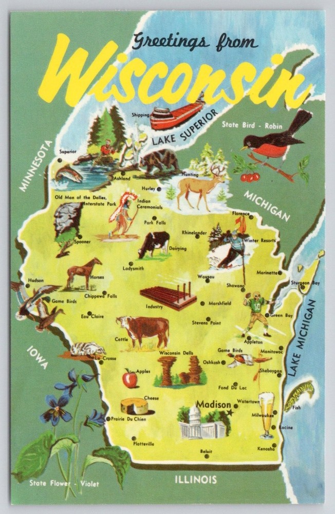 Vintage 1967 Greetings from Wisconsin State Map Dexter Press Postcard
