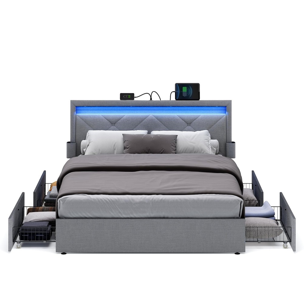 Bed Frame Queen Size, Queen Bed with Headboard and 4 Drawers, 1 USB Port and ...