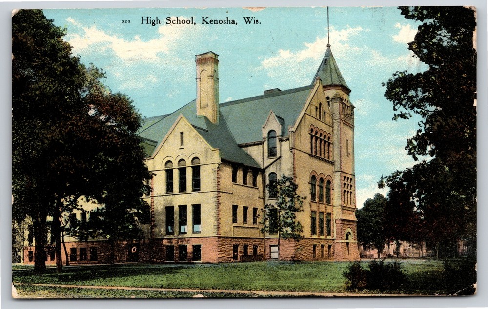 Kenosha Wisconsin~High School & Forest~Vintage Postcard