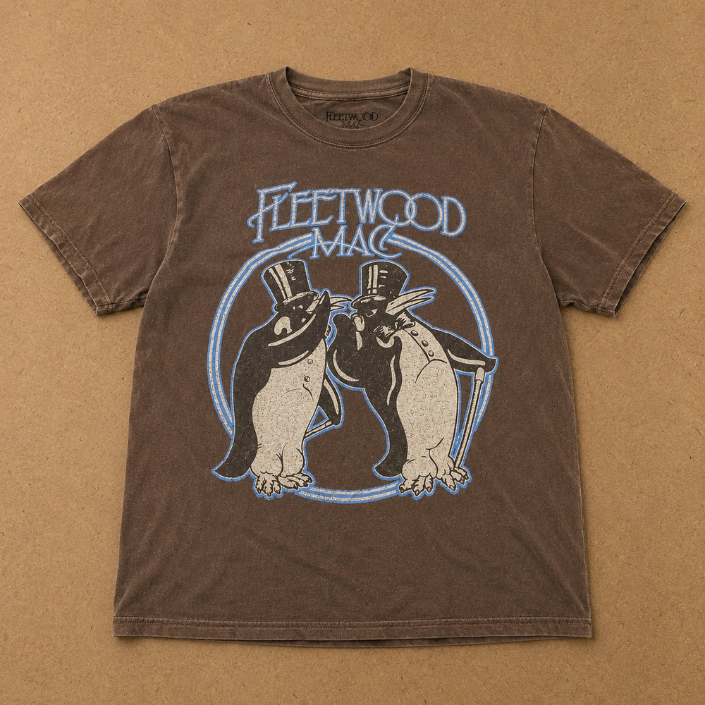 Fleetwood Mac Brown Graphic T-Shirt Vintage Style Penguin Rock Band Tee