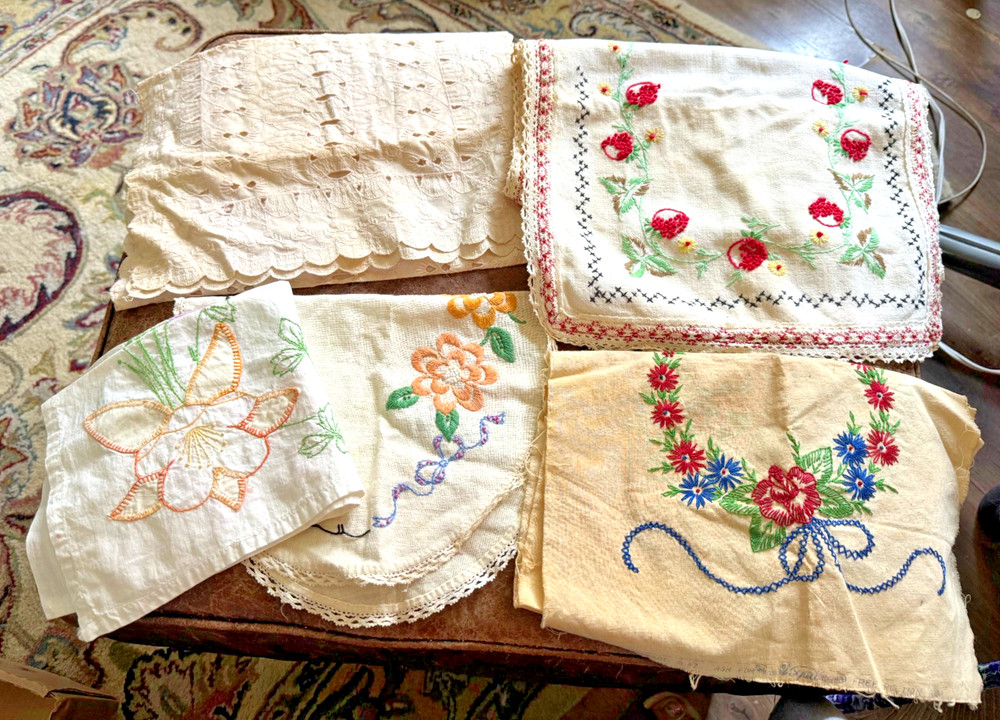 5 Vintage Hand Embroidered Applique Linens Cottage Granny Core Dresser Scarf