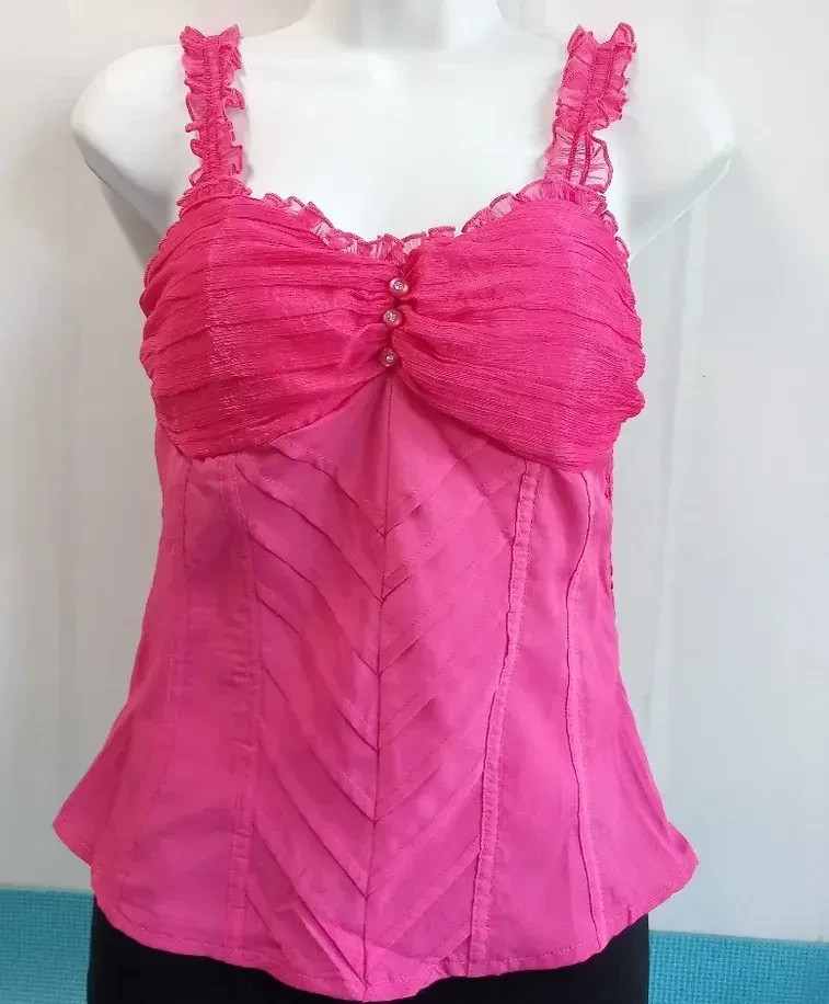 READ! Vintage Vibrant Fuchsia Pleated Milkmaid Ruffle Coquette Camisole, NWT