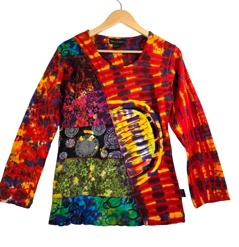 Agan traders multi color patch work colorful 3D shirt boho vibrant sz M